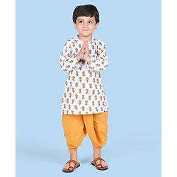 Babyhug Cambric Full Sleeves Floral Printed  Kurta & Dhoti Set - Off White