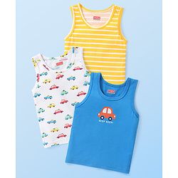 Babyhug 100% Cotton Knit Sleeveless Vests with Striped & Vehicle Print Pack of 3 - Multicolor