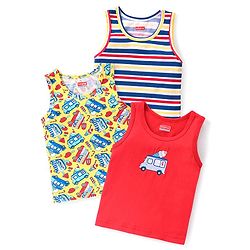 Babyhug 100% Cotton Knit Sleeveless Vests with Striped & Vehicle Print Pack of 3 - Multicolor