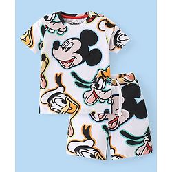 Babyhug Disney Cotton Knit Half Sleeves T-Shirt & Shorts Co-Ord Set With Mickey Mouse & Friends Print - White
