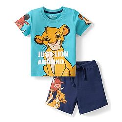 Babyhug Cotton Knit Half Sleeves T-Shirt & Shorts Set With The Lion King Graphics - Blue