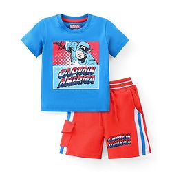 Babyhug Marvel Cotton Knit Half Sleeves T-Shirt & Shorts Set With Captain America Graphics - Blue & Red