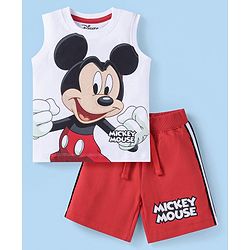 Babyhug Disney Cotton Knit Sleeveless T-Shirt & Shorts Set With Mickey Mouse Graphics - White & Red
