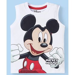 Babyhug Disney Cotton Knit Sleeveless T-Shirt & Shorts Set With Mickey Mouse Graphics - White & Red