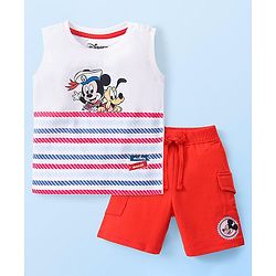 Babyhug Disney Cotton Knit Sleeveless T-Shirt & Shorts Set With Mickey Mouse Graphics - White & Red