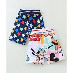 Babyhug Disney Cotton Terry Knit Knee Length Shorts With Micky Mouse & Star Print Pack of 2- Navy & White