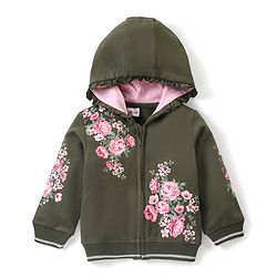 Babyhug Cotton Full Sleeves Front-Open Sweatjacket With Hood Floral Graphics - Olive Green
