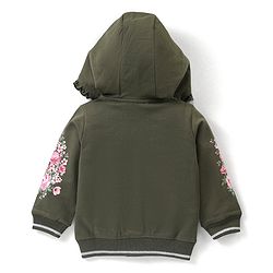 Babyhug Cotton Full Sleeves Front-Open Sweatjacket With Hood Floral Graphics - Olive Green