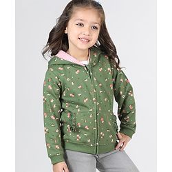 Babyhug Full Sleeves Front Open Sweatjacket With Hood Zipper & Frill Detailing Floral Print - Olive Green