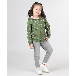 Babyhug Full Sleeves Front Open Sweatjacket With Hood Zipper & Frill Detailing Floral Print - Olive Green