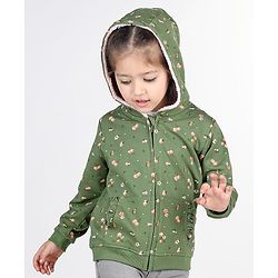 Babyhug Full Sleeves Front Open Sweatjacket With Hood Zipper & Frill Detailing Floral Print - Olive Green