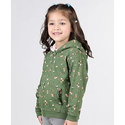 Babyhug Full Sleeves Front Open Sweatjacket With Hood Zipper & Frill Detailing Floral Print - Olive Green