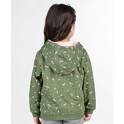 Babyhug Full Sleeves Front Open Sweatjacket With Hood Zipper & Frill Detailing Floral Print - Olive Green