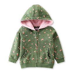 Babyhug Full Sleeves Front Open Sweatjacket With Hood Zipper & Frill Detailing Floral Print - Olive Green