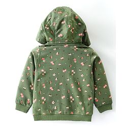 Babyhug Full Sleeves Front Open Sweatjacket With Hood Zipper & Frill Detailing Floral Print - Olive Green