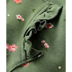 Babyhug Full Sleeves Front Open Sweatjacket With Hood Zipper & Frill Detailing Floral Print - Olive Green