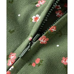 Babyhug Full Sleeves Front Open Sweatjacket With Hood Zipper & Frill Detailing Floral Print - Olive Green