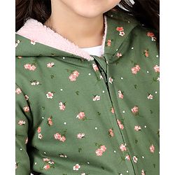Babyhug Full Sleeves Front Open Sweatjacket With Hood Zipper & Frill Detailing Floral Print - Olive Green