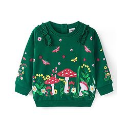 Babyhug Cotton Knit Full Sleeves  Sweatshirt With Butterfly Print & Frills Detailing - Green