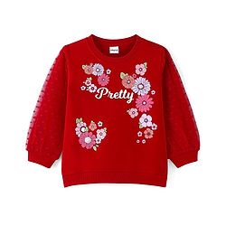 Babyhug Knit Full Balloon Sleeves Sweatshirt With Floral Graphics Foil Print & Mesh Detailing - Red