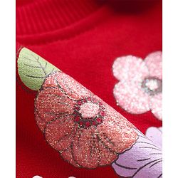 Babyhug Knit Full Balloon Sleeves Sweatshirt With Floral Graphics Foil Print & Mesh Detailing - Red