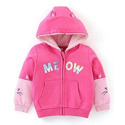 Babyhug Cotton Knit Full Sleeves Front Open Sweatjacket with Pocket Hood Zipper & Foil Detailing- Pink