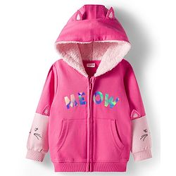 Babyhug Cotton Knit Full Sleeves Front Open Sweatjacket with Pocket Hood Zipper & Foil Detailing- Pink