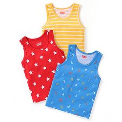 Babyhug 100% Cotton Knit Sleeveless Sando Stripes & Star Print Pack Of 3 - Yellow Blue & Red