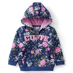 Babyhug Cotton Knit Full Sleeves Hooded Front Open Sweatshirt With Floral Print - Navy