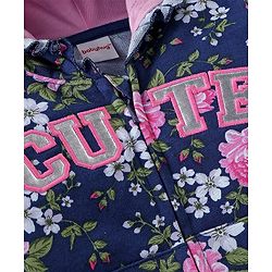 Babyhug Cotton Knit Full Sleeves Hooded Front Open Sweatshirt With Floral Print - Navy