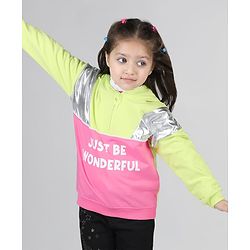 Babyhug Cotton Knit Full Sleeves Front Open Cut & Sew Hooded Sweat Shirt with Metallic Fabric & Zipper Detailing Text Print - Multicolour