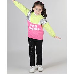 Babyhug Cotton Knit Full Sleeves Front Open Cut & Sew Hooded Sweat Shirt with Metallic Fabric & Zipper Detailing Text Print - Multicolour