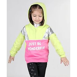 Babyhug Cotton Knit Full Sleeves Front Open Cut & Sew Hooded Sweat Shirt with Metallic Fabric & Zipper Detailing Text Print - Multicolour