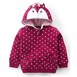 Babyhug Full Sleeves Front Open Sweatjacket with Hood Zipper & 3D Appplique Polka Dot Print -  Maroon