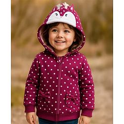 Babyhug Full Sleeves Front Open Sweatjacket with Hood Zipper & 3D Appplique Polka Dot Print -  Maroon