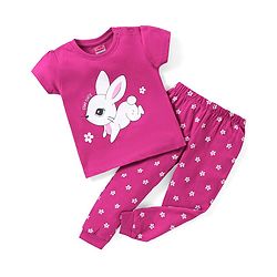 Babyhug Cotton Knit Half Sleeves Bunny Print Night Suit - Purple