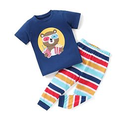 Babyhug Cotton Knit Half Sleeves Teddy Print Night Suit - Multicolour