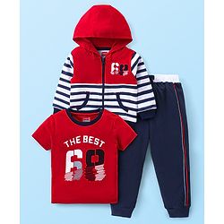 Babyhug Cotton Knit Full Sleeves Striped Hoodie With T-Shirt & Lounge Pants - Multicolor