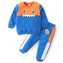 Babyhug Terry Full Sleeve T-Shirt and Cut & Sew Design Lounge Pant Set With Monster Applique- Blue  & Orange