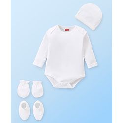 Babyhug 100% Cotton Knit Full Sleeves Onesie With  Cap Mittens & Booties Set Solid Colour - White