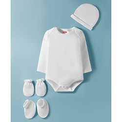 Babyhug 100% Cotton Knit Full Sleeves Onesie With  Cap Mittens & Booties Set Solid Colour - White