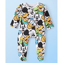 Babyhug Disney 100% Cotton Knit Full Sleeve Sleep Suit with Mickey Mouse Graphics -White