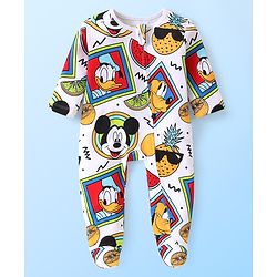 Babyhug Disney 100% Cotton Knit Full Sleeve Sleep Suit with Mickey Mouse Graphics -White