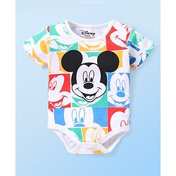 Babyhug Disney Interlock Knit  Half Sleeves Onesie with Mickey Mouse Graphics - Multicolour