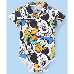 Babyhug Disney Interlock Knit Half Sleeves Onesie With Mickey Mouse Graphics - White