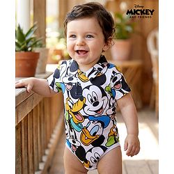 Babyhug Disney Interlock Knit Half Sleeves Onesie With Mickey Mouse Graphics - White