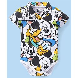 Babyhug Disney Interlock Knit Half Sleeves Onesie With Mickey Mouse Graphics - White