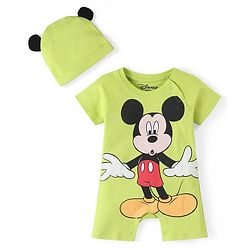 Babyhug Disney Interlock Cotton Knit Half Sleeves Romper with Cap & Mickey Mouse Graphics - Green