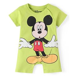 Babyhug Disney Interlock Cotton Knit Half Sleeves Romper with Cap & Mickey Mouse Graphics - Green
