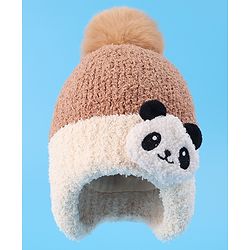 Babyhug Woolen Cap With Pom Pom & Panda Applique - Light Brown
